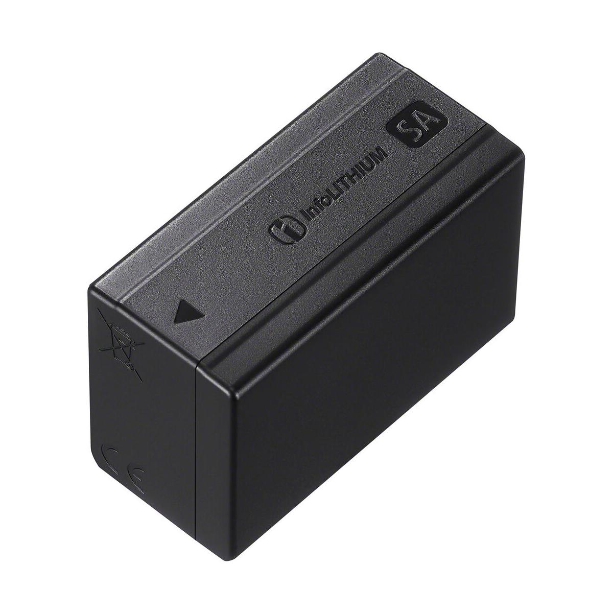 Black rectangular Sony NP-SA100 InfoLITHIUM rechargeable battery with a matte finish and directional arrow indicator.