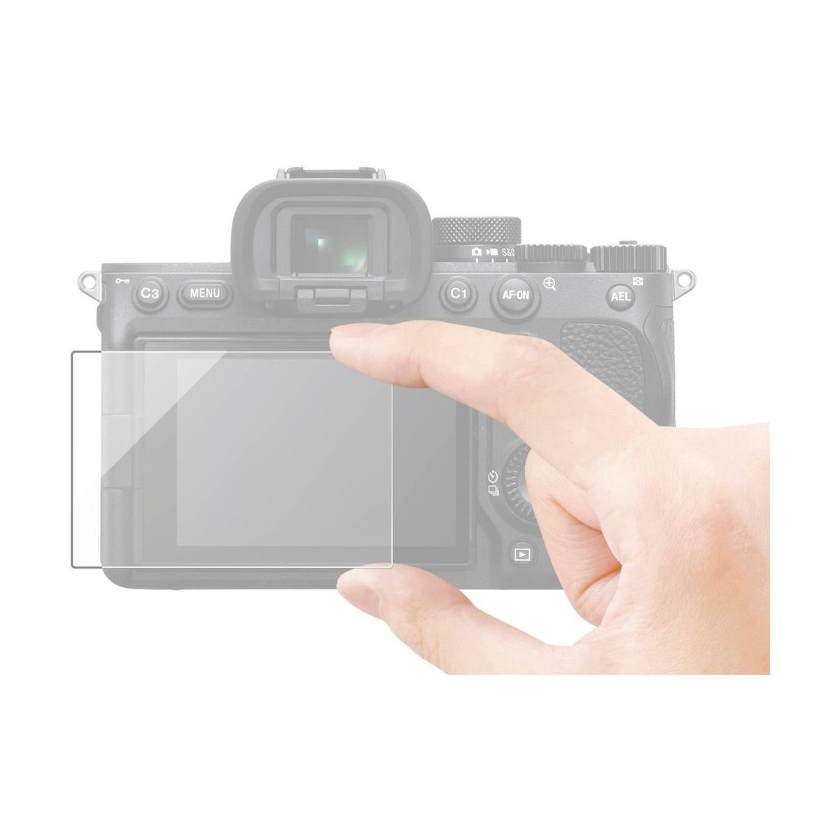 Hand holding a clear, rectangular 9H shatterproof glass screen protector over a Sony A7IV camera rear LCD display.