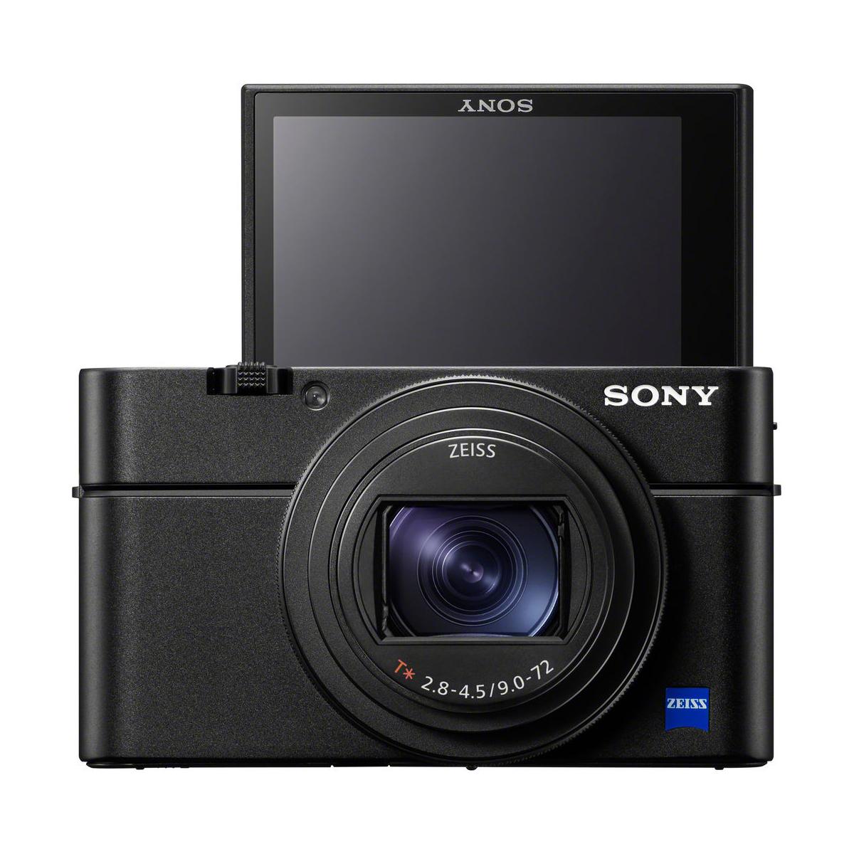 Black Sony RX100 VII compact camera with a ZEISS lens and a 180-degree upward-tilting touchscreen display.