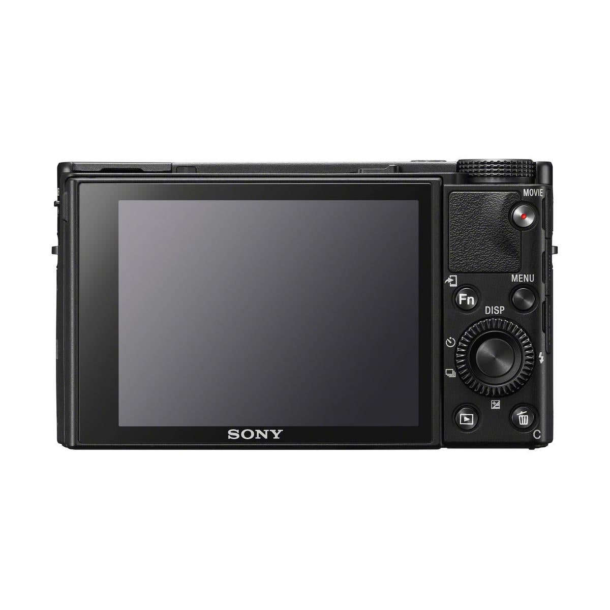 Back view of black Sony RX100 VII camera featuring a large LCD screen, control dial, and dedicated movie recording button.