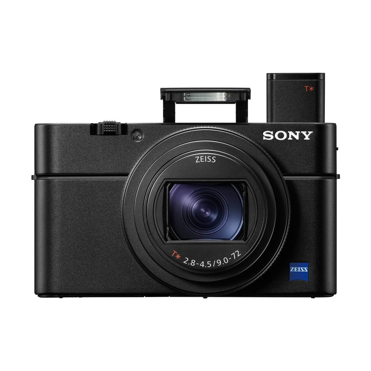 Black Sony RX100 VII compact camera with ZEISS lens, pop-up electronic viewfinder, and integrated flash.