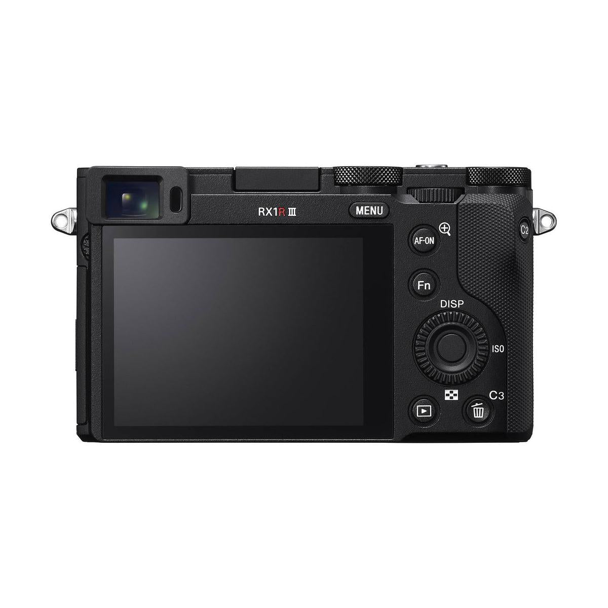 Back view of the black Sony RX1R III digital camera featuring a touchscreen LCD, electronic viewfinder, and control dial.