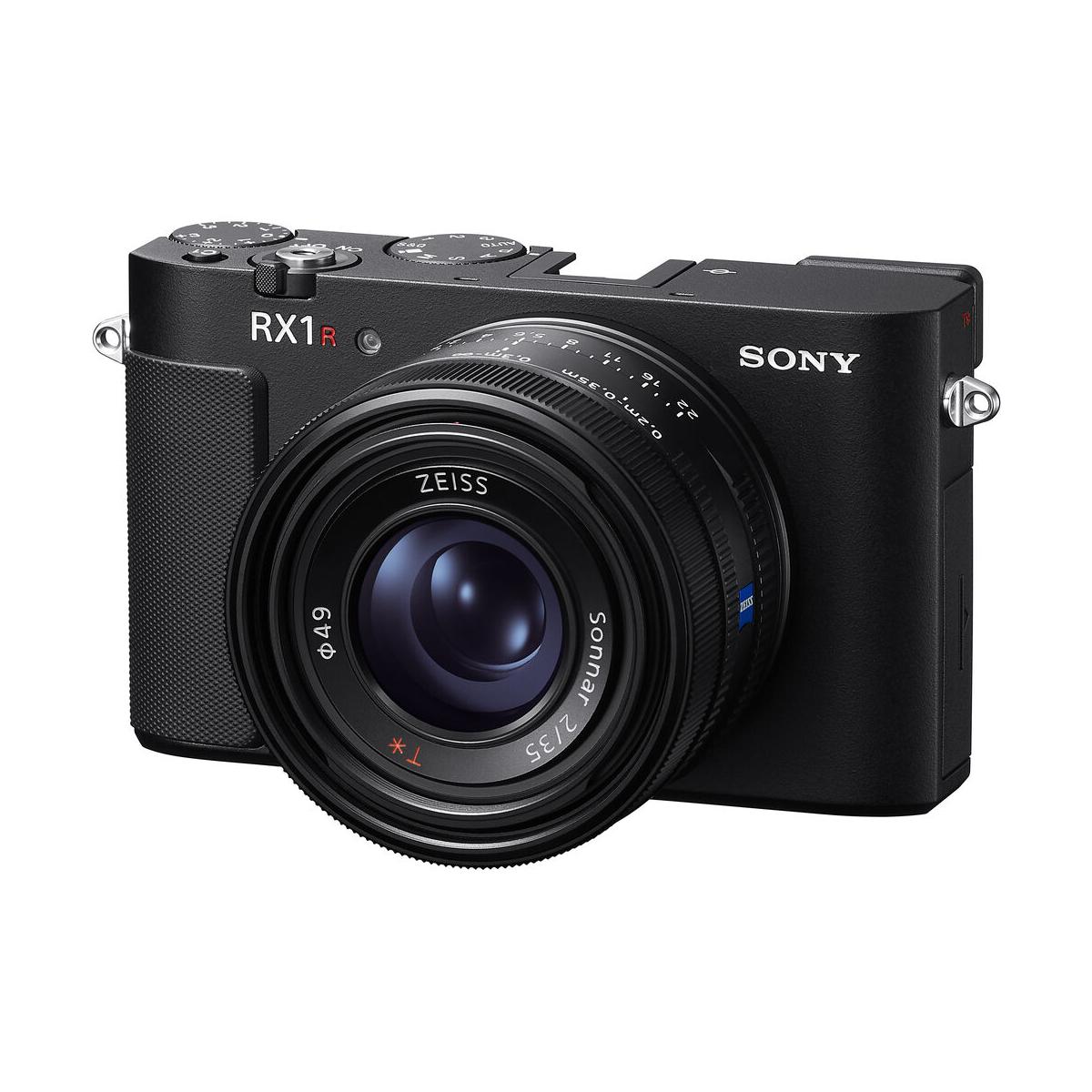 Compact black Sony RX1R III digital camera with a fixed ZEISS Sonnar 35mm f/2 lens and top-mounted control dials.