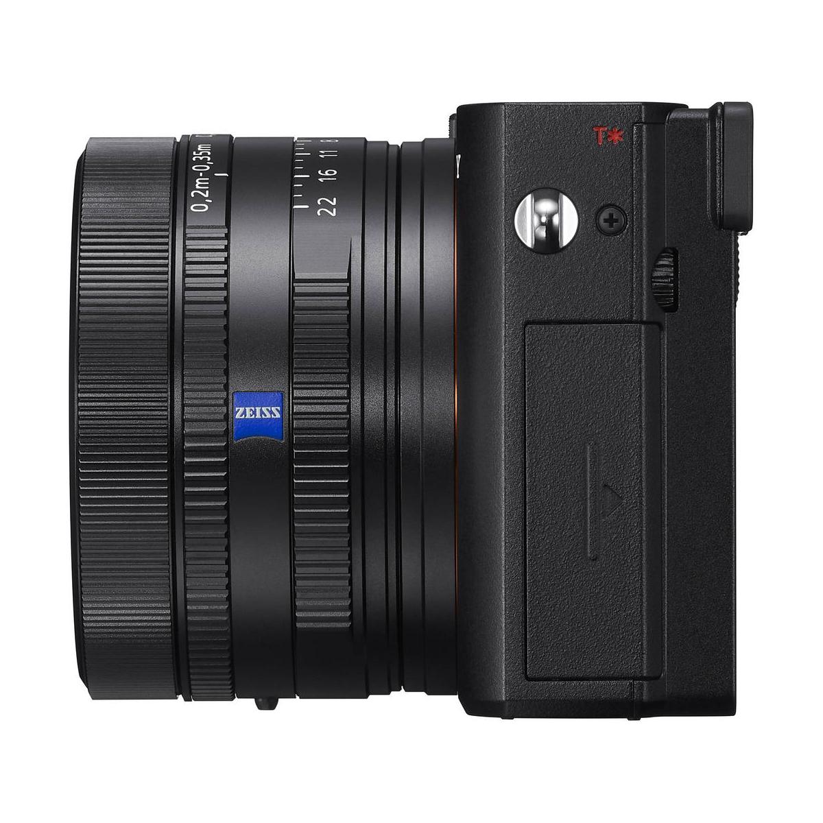 Black Sony RX1R III compact camera featuring a fixed ZEISS 35mm f/2 lens with manual aperture and focus rings.