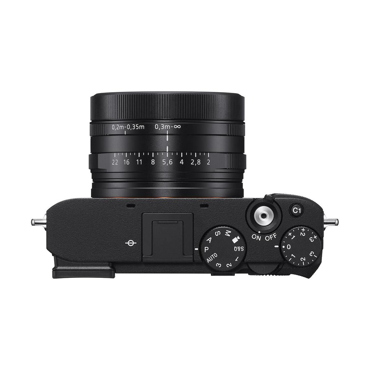 Top view of black Sony RX1R III camera with fixed ZEISS 35mm lens, mode dial, and exposure compensation dial.