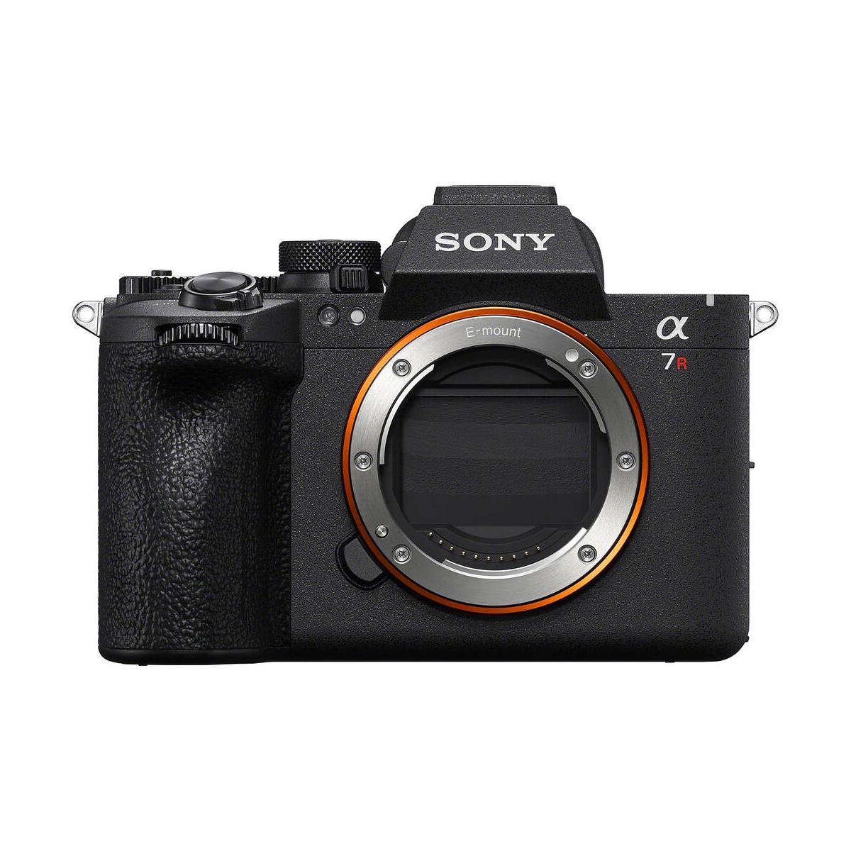 Front view of black Sony a7R VI mirrorless camera body with E-mount lens ring and textured grip.