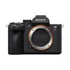 Front view of black Sony a7R VI mirrorless camera body with E-mount lens ring and textured grip.