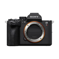 Front view of black Sony a7R VI mirrorless camera body with E-mount lens ring and textured grip.
