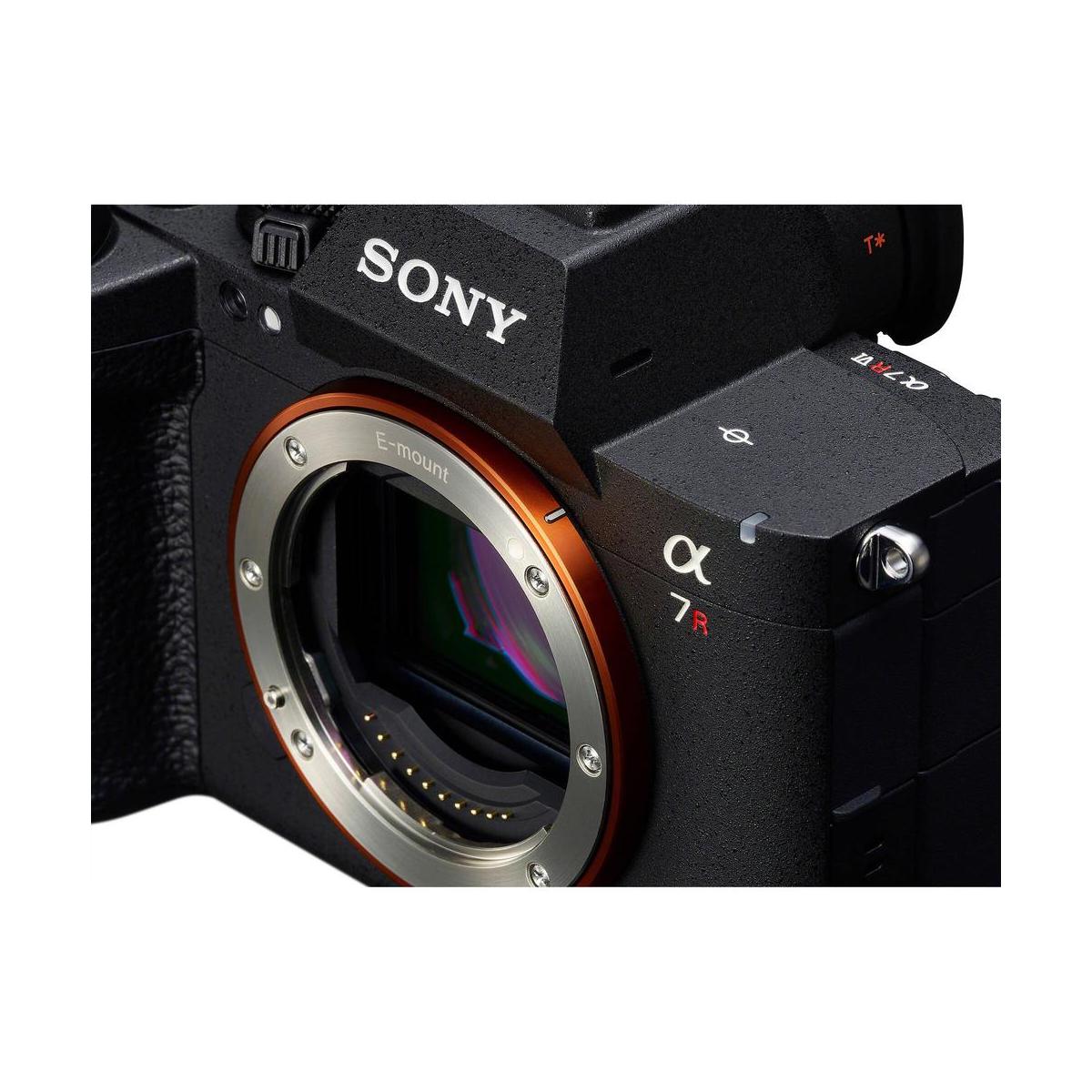 Black Sony a7R VI mirrorless camera body with orange E-mount ring and visible sensor detail.