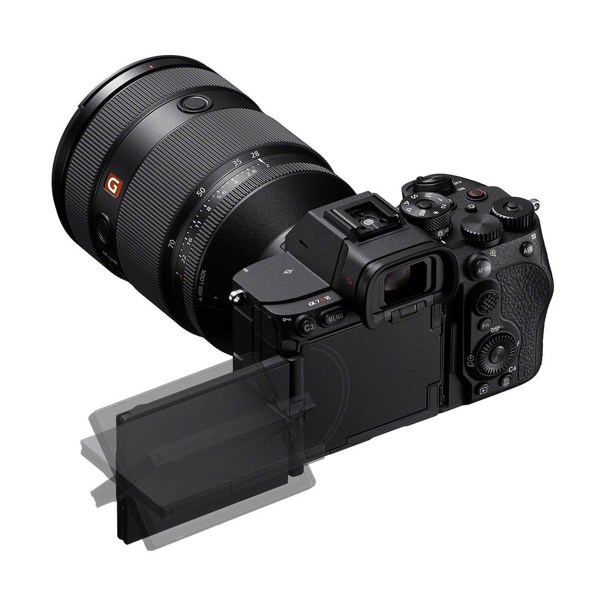 Sony a7R VI mirrorless camera with a black body, attached lens, and a multi-angle tilting touchscreen LCD display.