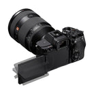 Sony a7R VI mirrorless camera with a black body, attached lens, and a multi-angle tilting touchscreen LCD display.