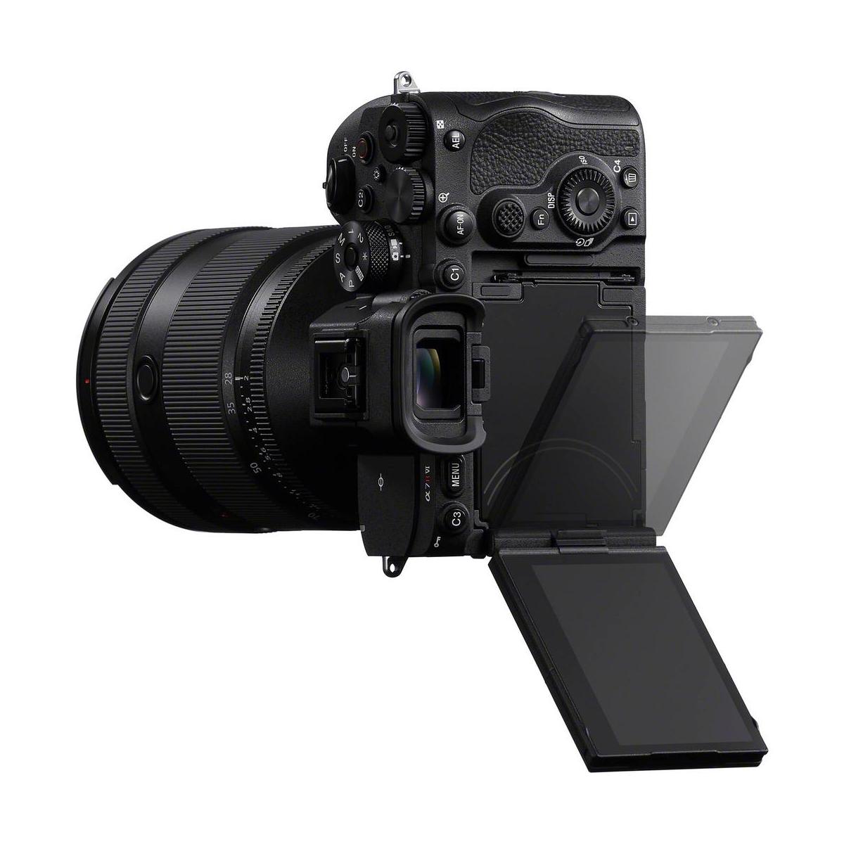 Black Sony a7R VI mirrorless camera with a 4-axis articulating touchscreen LCD and professional dial controls.