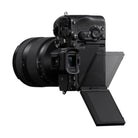 Black Sony a7R VI mirrorless camera with a 4-axis articulating touchscreen LCD and professional dial controls.