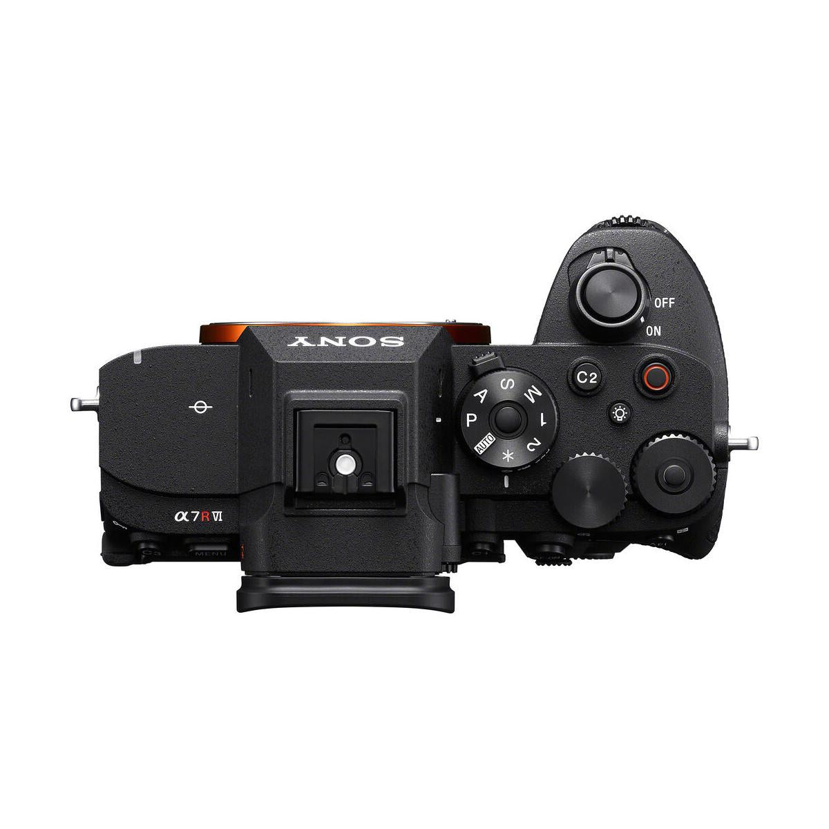 Top view of black Sony a7R VI mirrorless camera body featuring mode dials, shutter button, and hot shoe mount.