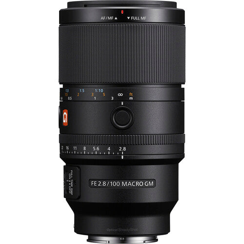 Sony macro lens with detailed markings on a white background