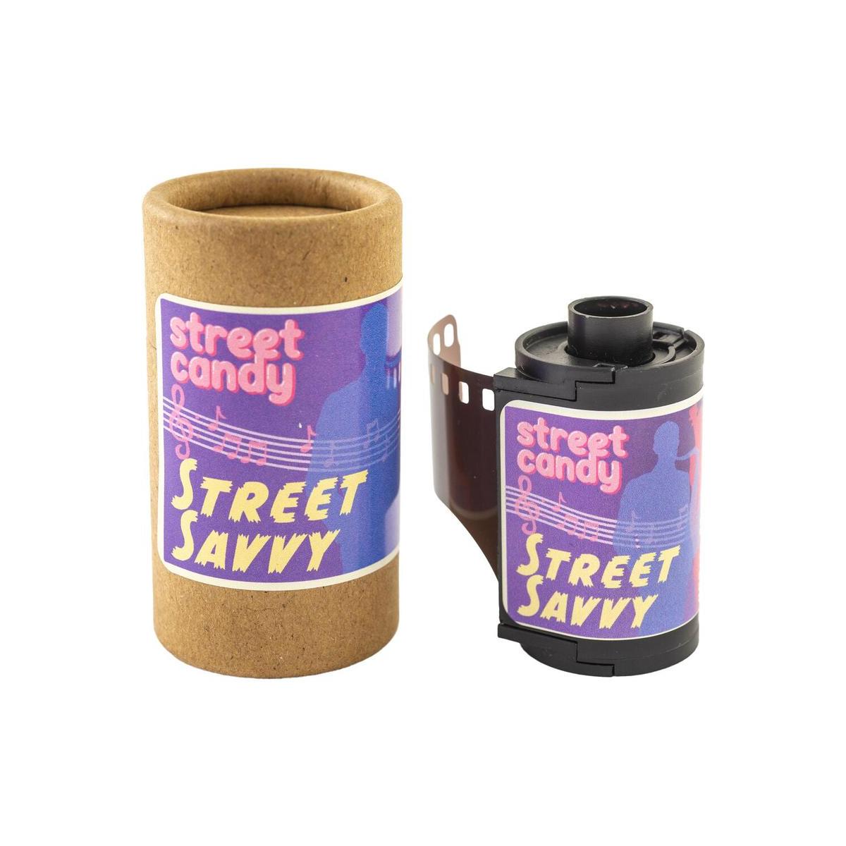 Street Candy Street Savvy 400 35mm color film roll next to its reusable cardboard canister on a white background.
