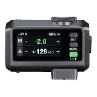 Black electronic device with digital display and control buttons on a white background