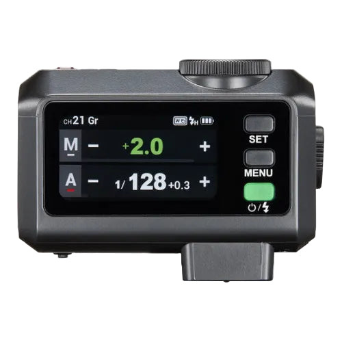 Black electronic device with digital display and control buttons on a white background
