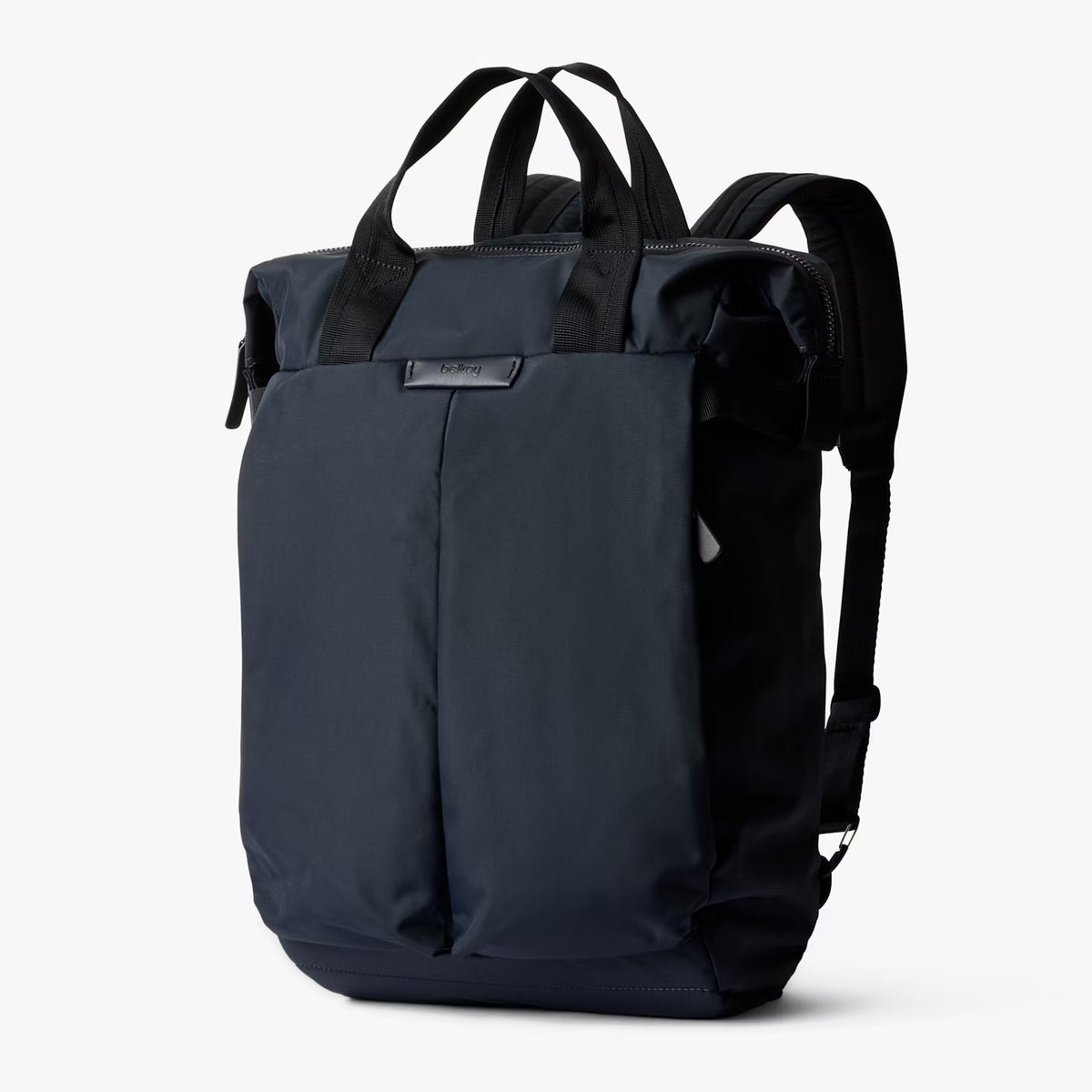 Dark navy backpack on a light gray background