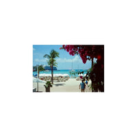 Vandal Tungsten 400 film shot of a sunny tropical beach with blue water, white umbrellas, and a vibrant red halation effect.