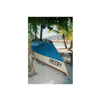 Blue and white boat named Speedy resting on a sandy beach under palm trees, captured on Vandal Tungsten 400 35mm film.