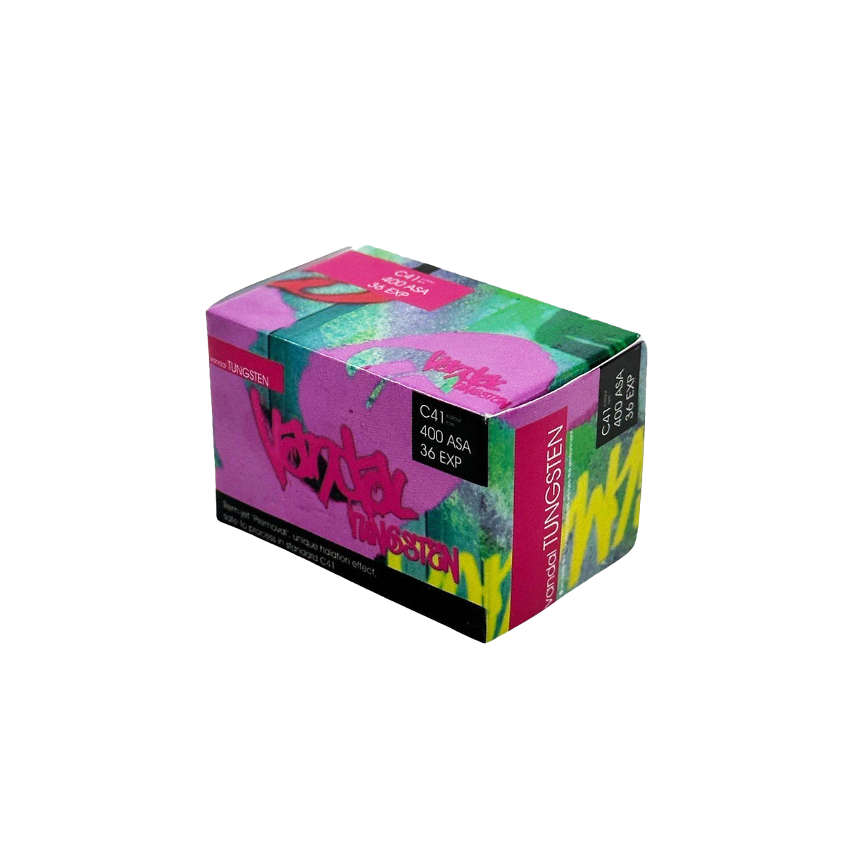 Vandal Tungsten 400 ISO 35mm color film box with vibrant graffiti-style pink, green, and yellow packaging.