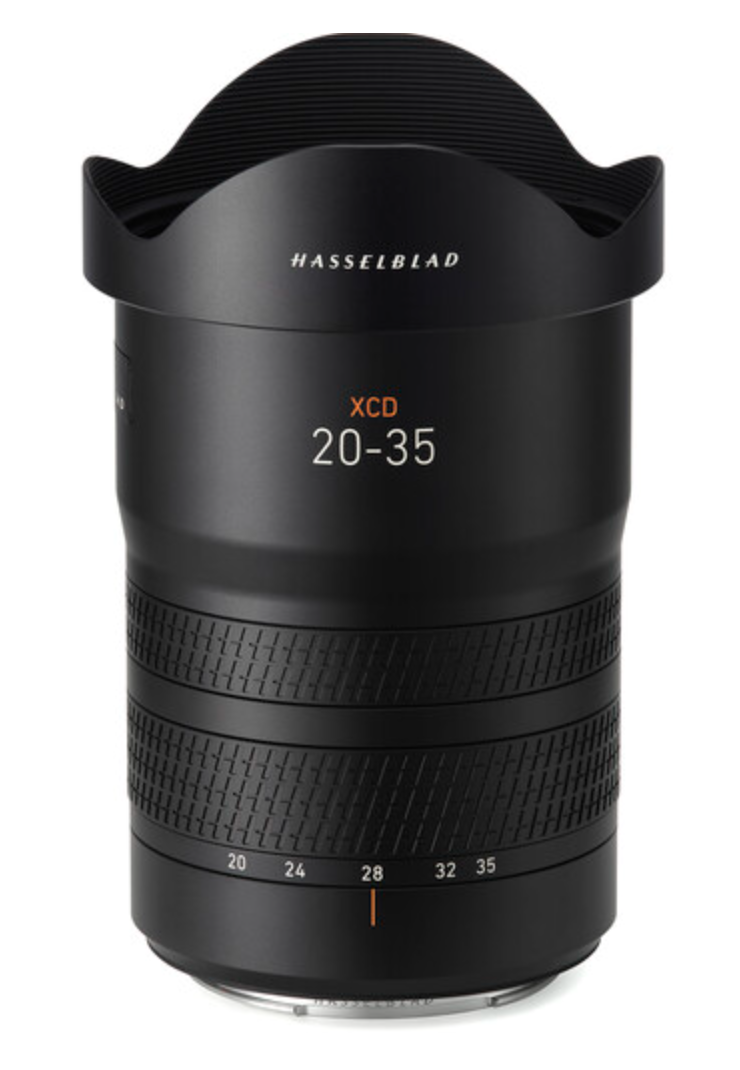 A black Hasselblad XCD 20-35mm f/3.2-4.5 E Lens, showing the focal length markings and the brand name.