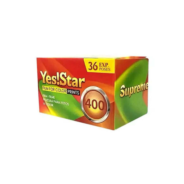 Yes!Star Supreme 400 film for color prints in a red, orange, and green box, showing 36 exposures.