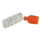 A clear plastic clip or connector piece shown next to an orange plastic cap or cover on a plain white background.