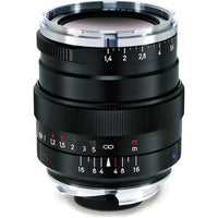 ZEISS Distagon T* 35mm f/1.4 ZM Lens in black, designed for Leica M-Mount, showing the lens flare and focus markings.