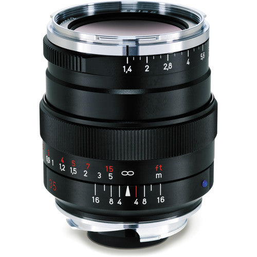 ZEISS Distagon T* 35mm f/1.4 ZM Lens in black, designed for Leica M-Mount, showing the lens flare and focus markings.