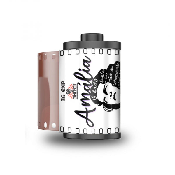 A roll of Amalia 36 Exp film with a black and white retro-style label featuring a woman's profile illustration, shown next to a translucent pink film strip on a white background.