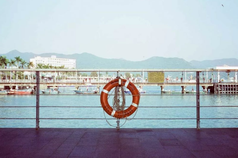An orange life preserver with white stripes hangs on a metal railing overlooking a harbor with boats, water, and distant mountains under a pale blue sky.
