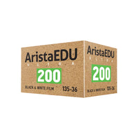 AristaEDU Ultra 200 Black & White Film box, showing the front and side panels with a brown textured cardboard-like design, black text, and a green square containing the white number 200.
