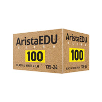 AristaEDU Ultra 100 Black & White Film box packaging, showing the front and side panels with a brown kraft-paper style design, black text, and a bright yellow square containing the number 100.
