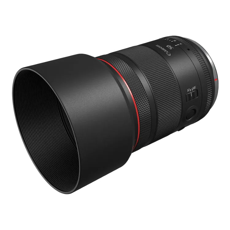 Camera lens with black and red design on a white background