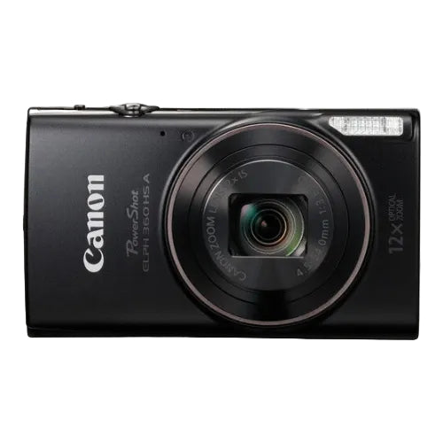 Black Canon PowerShot camera on a white background