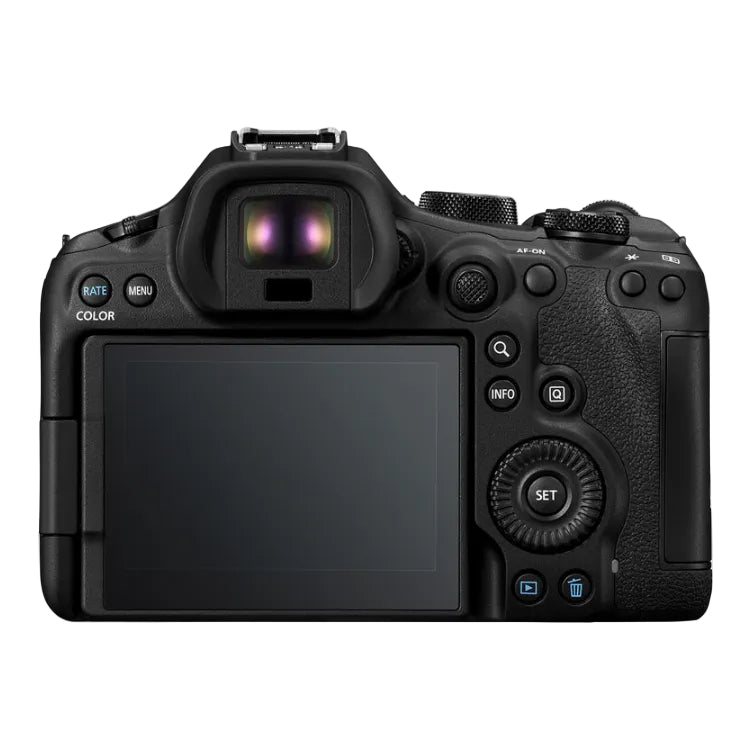 Back view of a black camera with control buttons on a white background