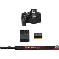 Canon EOS R6 Mark III camera with battery and charger on a white background
