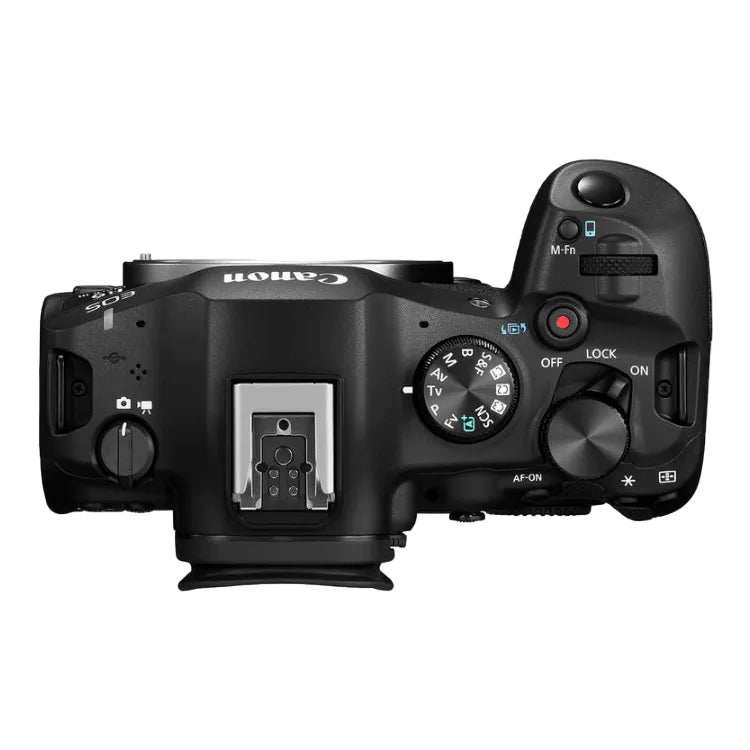 Top view of a black camera body on a white background