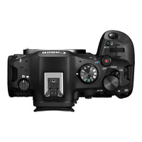 Top view of a black camera body on a white background