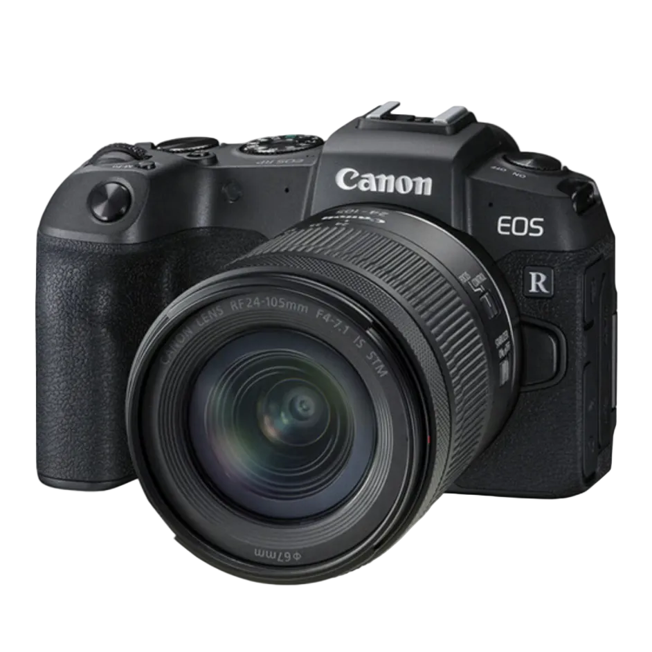 A Canon EOS RP Mirrorless Camera with a 24-105mm lens attached, displayed against a plain background.