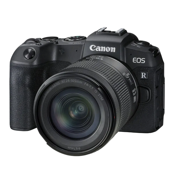 A Canon EOS RP Mirrorless Camera with a 24-105mm lens attached, displayed against a plain background.