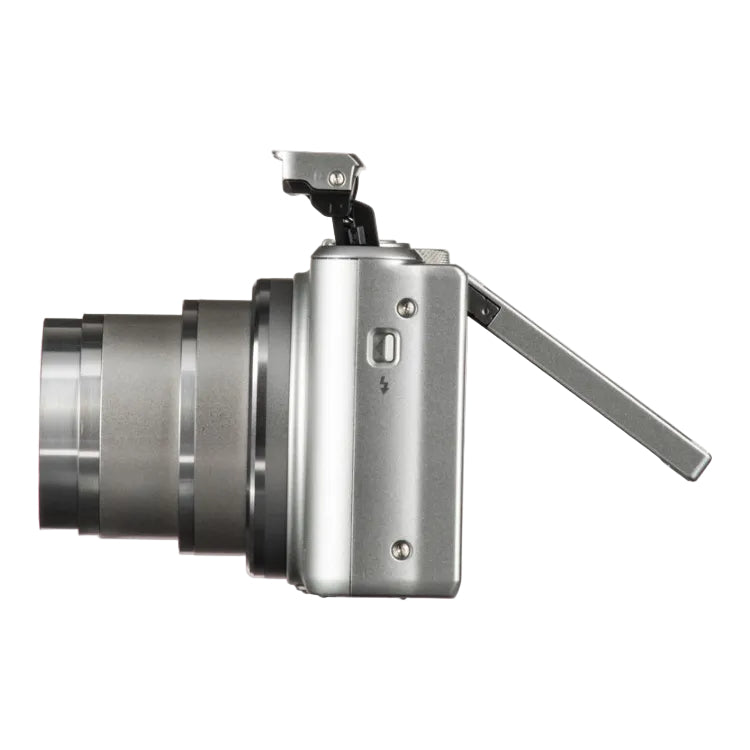 Digital camera with lens and flip-out screen on a white background