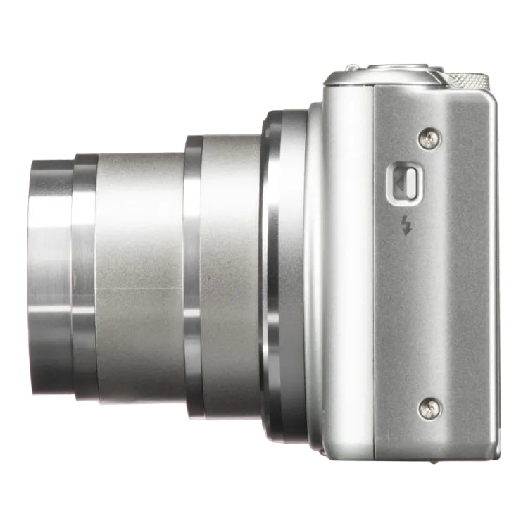 Silver digital camera on a white background