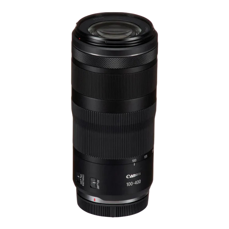 Canon 100-400mm f/5.6-8.0 VR lens in black, shown from a front three-quarter angle on a solid white background.