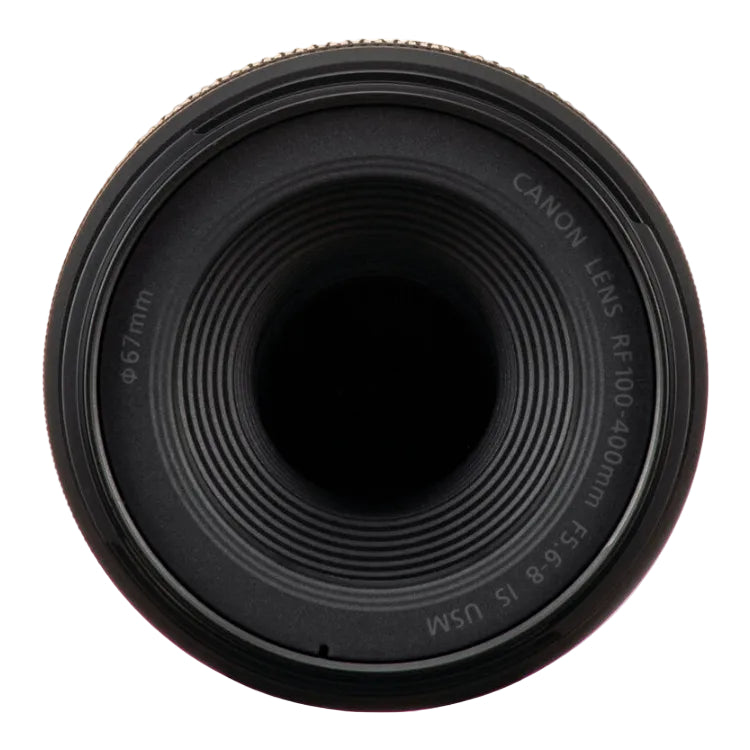 Close-up of a Canon camera lens on a white background