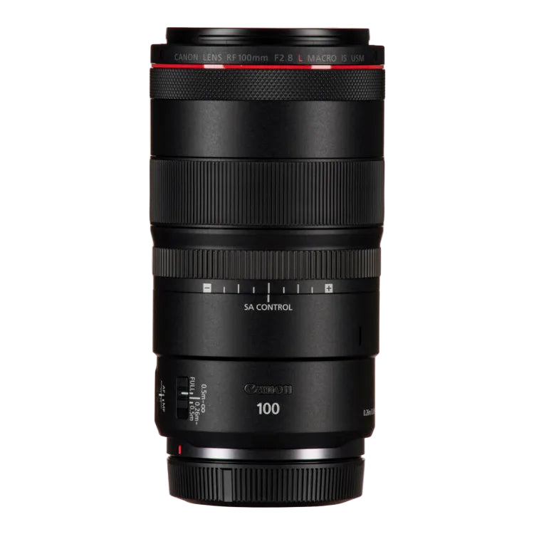 Camera lens with visible brand markings on a white background