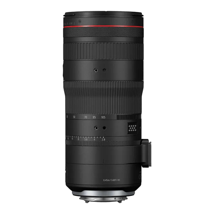 Camera lens with black and red details on a white background