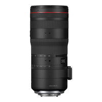 Camera lens with black and red details on a white background